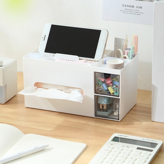 Desktop Storage Box with Phone Stand | Transparent 3-Compartment Organizer for Tissues & Office Supplies, 9.1x4.6x4.7in
