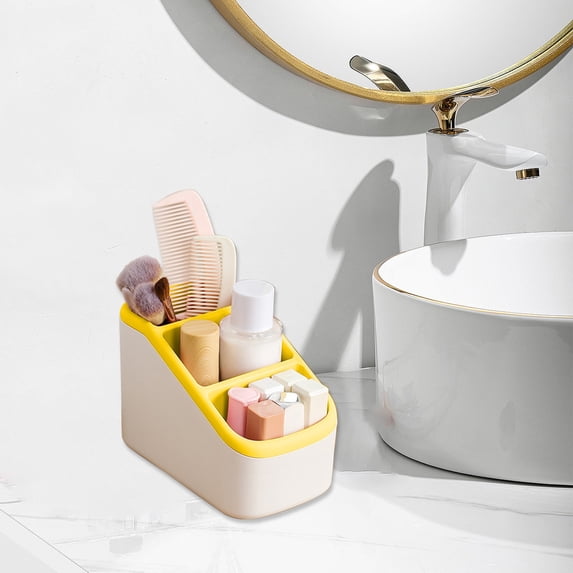 Desktop Storage Organizer Box, Large Capacity Multi-Compartment, Space-Saving Cosmetic & Sundries Sorting Bin for Office, Bathroom, Kitchen – Yellow, Gray, Pink, Blue (15x11.5x6cm)