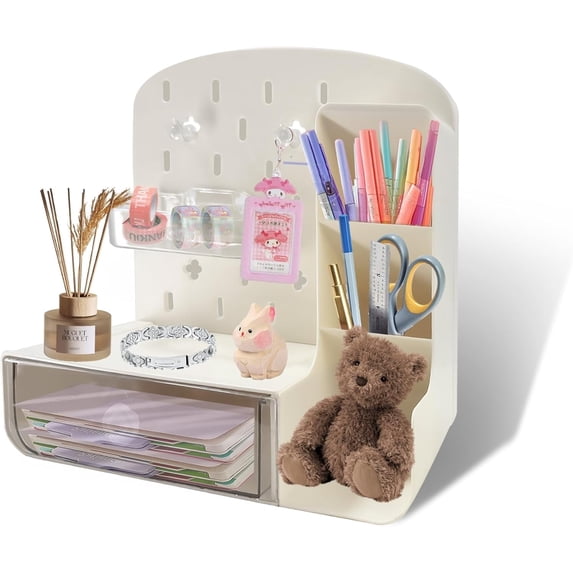 AOBAIWO Desktop Storage Organizer,Cave Board Stand Organizer with Drawers,Desktop Storage Rack with Pegboard Hooks Multifunctional Pen Holder Desk Tidy Organiser for Office Supplies Home