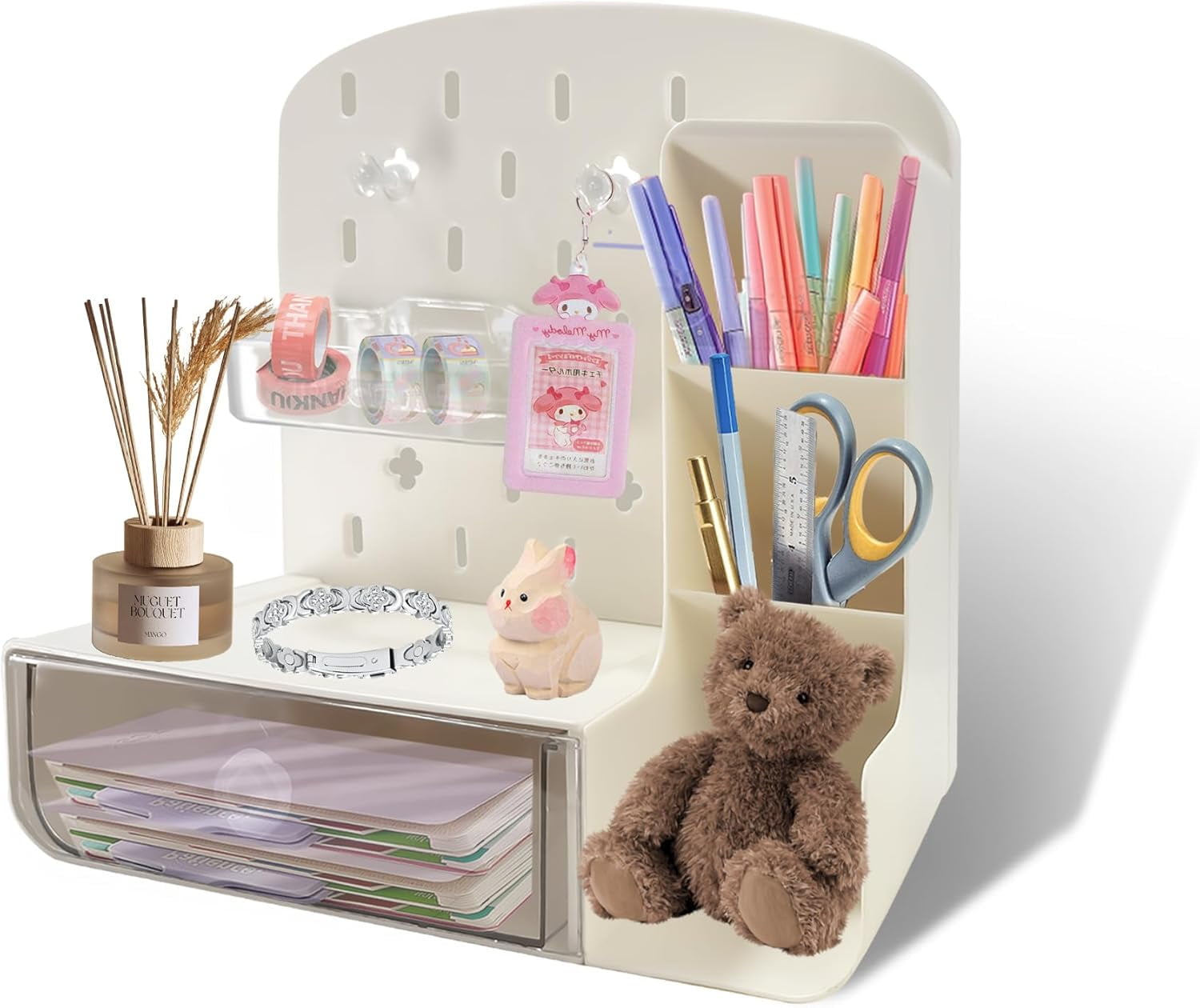 Desktop Organizer With Pegboard & Drawers - White PET Storage Rack For Office & Home Supplies