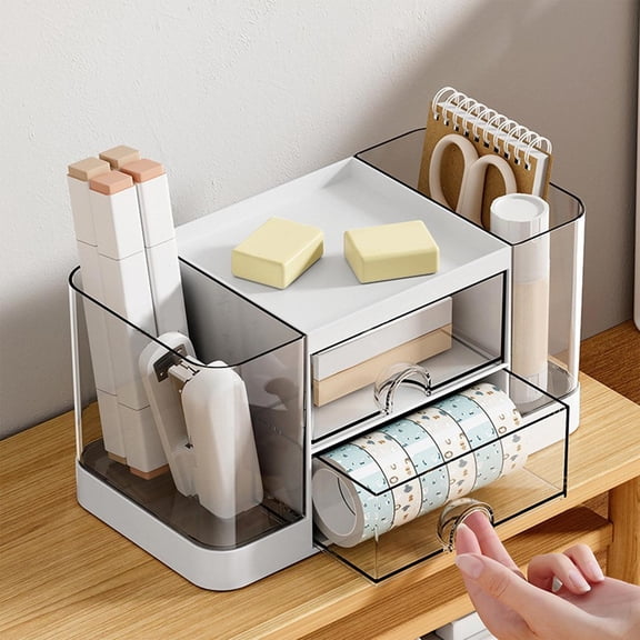Desktop Storage Organizer, Clear Plastic Desk Caddy with Pull Out Drawers and Side Pen Holders, Large Capacity Office Supplies and Makeup Storage Box for Desk, Vanity, and Countertop