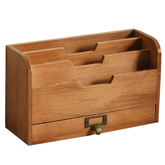 Desktop Storage Organizer with Drawer Office Multi-tier Storage Box Desktop Wooden Mail Rack Multifunctional Wooden Desktop Accessories Drawer Organization for Documents Stationeries Bills