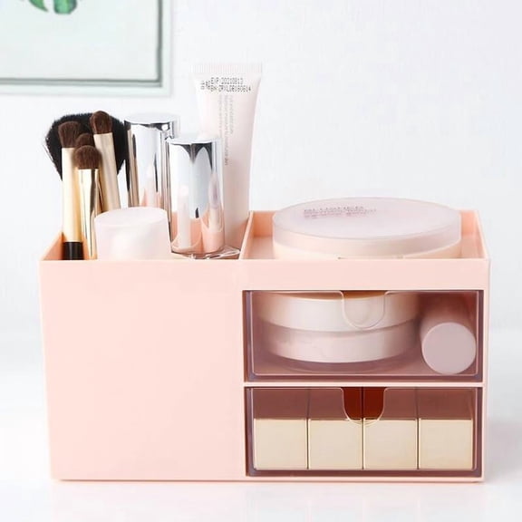 Desktop Storage Organizer with 2 Drawers, White, Multi-Compartment Box for Makeup, Office Supplies and Accessories
