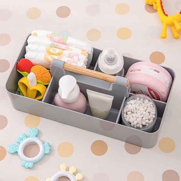 Desktop Storage Organizer with Wood Handle Plastic Cosmetic and Remote Control Caddy for Desk and Vanity