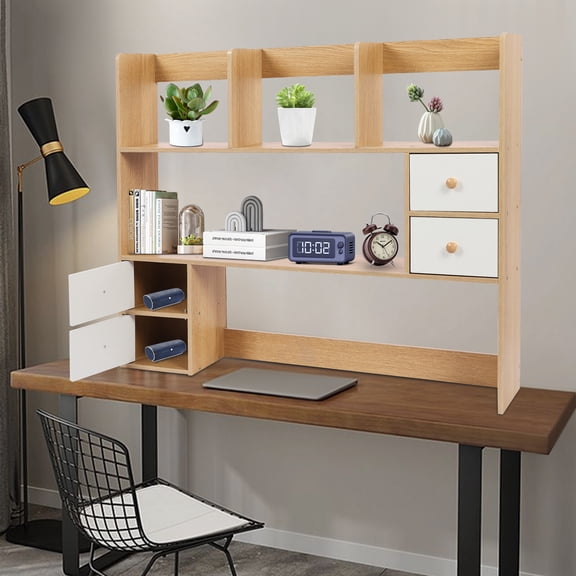 Desktop Storage Rack with 4 Cabinets and Adjustable Compartments Sturdy MDF Construction, Modern Oak Finish, Space-Saving Organizer for Office, Dorm, or Home Use