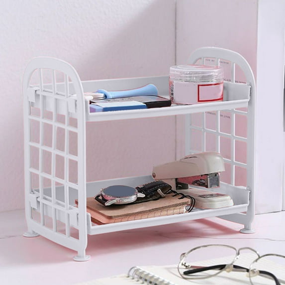 Desktop Storage Rack, Desktop Rack Cosmetic Stationery Storage Holder, 2-Tier Multifunctional Plastic Shelf Makeup Organizer for Skincare Office Kitchen Bedroom Bathroom Home