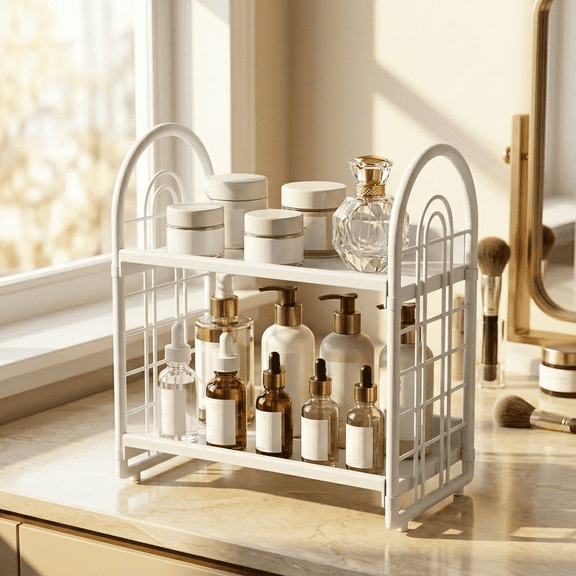 Desktop Storage Rack Organizer 2 Tier Countertop Shelf for Kitchen Bathroom Office Dorm - Spice Rack Cosmetic Stationery Storage Holder Display Stand for Home Organization Multipurpose Use
