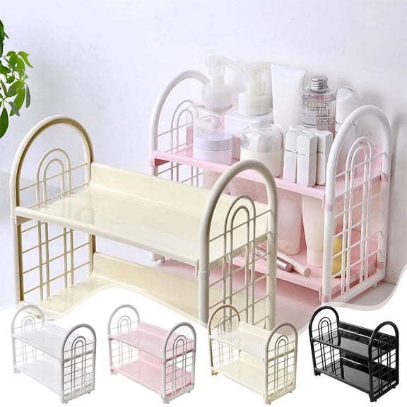 Desktop Storage Rack Organizer 2-Tier Plastic Shelf | Kitchen Bathroom Office Countertop Storage | Space-Saving Holder for Spice, Cosmetic, Stationery | White Black Beige, 12.6"x6.5"x11.2"