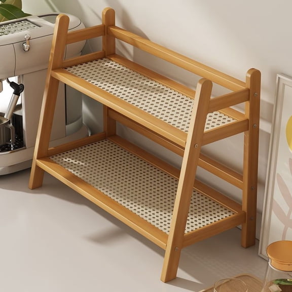 Desktop Storage Rack Organizer, Double Layer Wooden Rattan Design, Countertop Shelf for Home, Office & Kitchen Organization