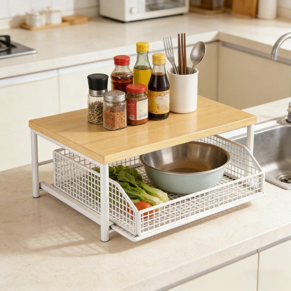 Desktop Storage Shelf Multi-Functional Organizer with Pull Out Mesh Basket Light Wood Top White, Desktop Storage Rack for Office Home Supplies, Single Pack