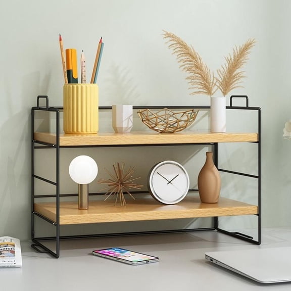 Desktop Storage Shelf with 2 Tiers, Metal and Wood Desk Organizer, Display Rack for Home Office