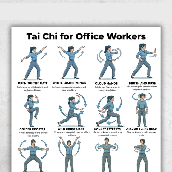Desktop Stretching Exercise Poster, Tai Chi Office Routine Chart Poster, Home And Workplace Exercise Rest Poster