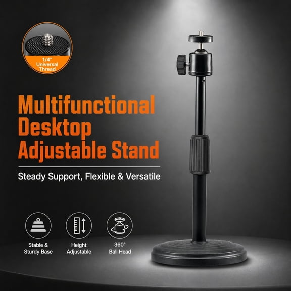 Desktop Telescopic Stand with 1/4 Inch Screw, Adjustable Height Tabletop Mount Holder with Weighted AntiSlip Base for Camera Webcam Mini Projector Desktop Fill Light