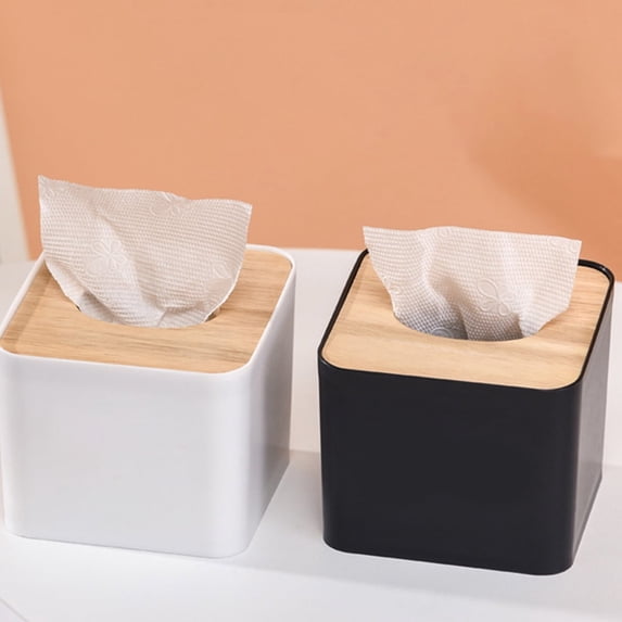 Desktop Tissue Box Cover with Bamboo Lid MultiCompartment Storage for Living Room Bathroom White