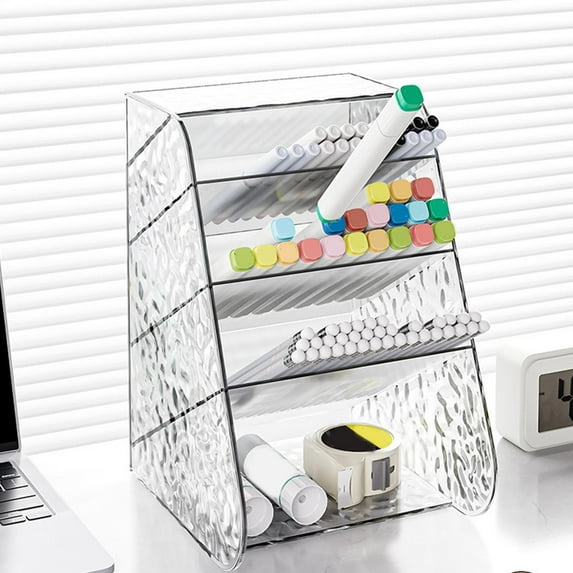 Desktop Transparent Pen Holder Organizer | Multi-Functional Slanted Storage Box for Office Supplies, Makeup | Durable Plastic, Modern Design | 20.3x8.4x14.7 cm | 1 Piece