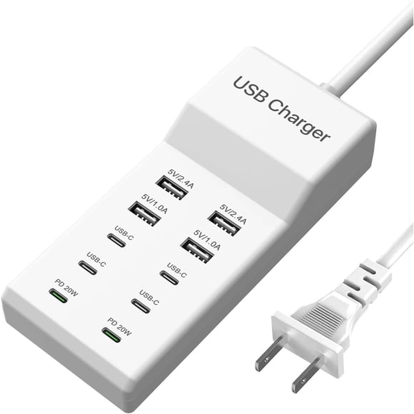 Desktop USB C Charging Station, 10 Port Multi-Device Charger with 6 USB-C & 4 USB-A, 50W Power, Universal Compatibility for Smartphones, Tablets, Watches, and Headphones