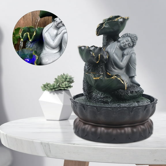 Desktop Water Fountain with Sleeping Buddha Statue LED Multi-Color Lights, Resin & Plastic, Indoor Tabletop Decoration for Relaxation & Stress Relief