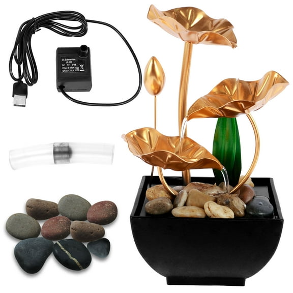 Desktop Waterfall Fountain Indoor Water Fountain 3 Tier Lotus Leaf Tabletop Fountain with Natural River Rock LED Lights Indoor Zen Relaxation for Office Living Room or Bedroom Décor
