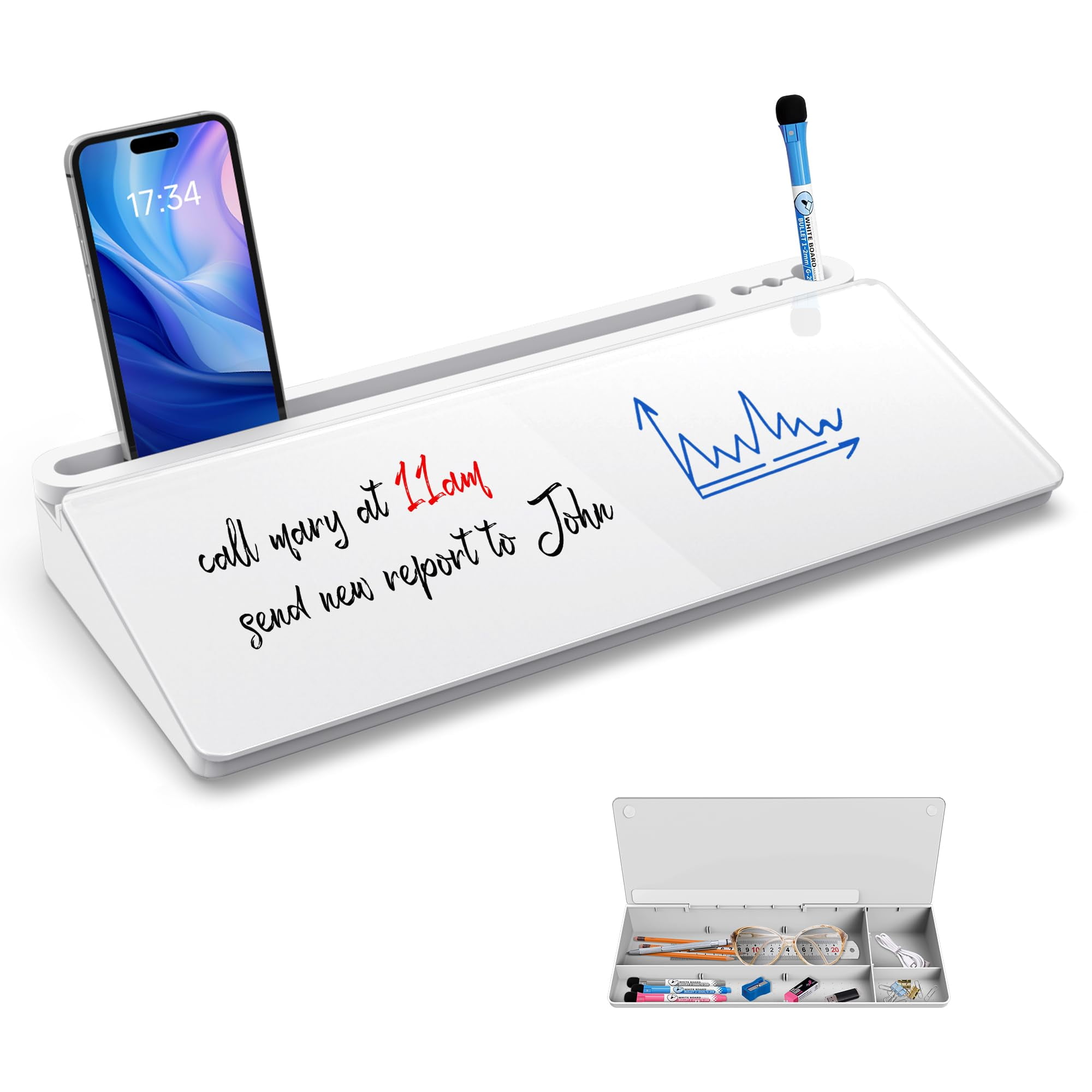 Desktop Whiteboard With Storage - Glass Dry Erase Board, Weekly Organizer, Pen Holder For Home Office