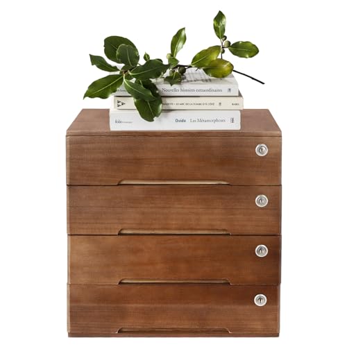 Desktop Wooden Drawer Organizer Box, Wooden Storage Box with 4 Lockable ...