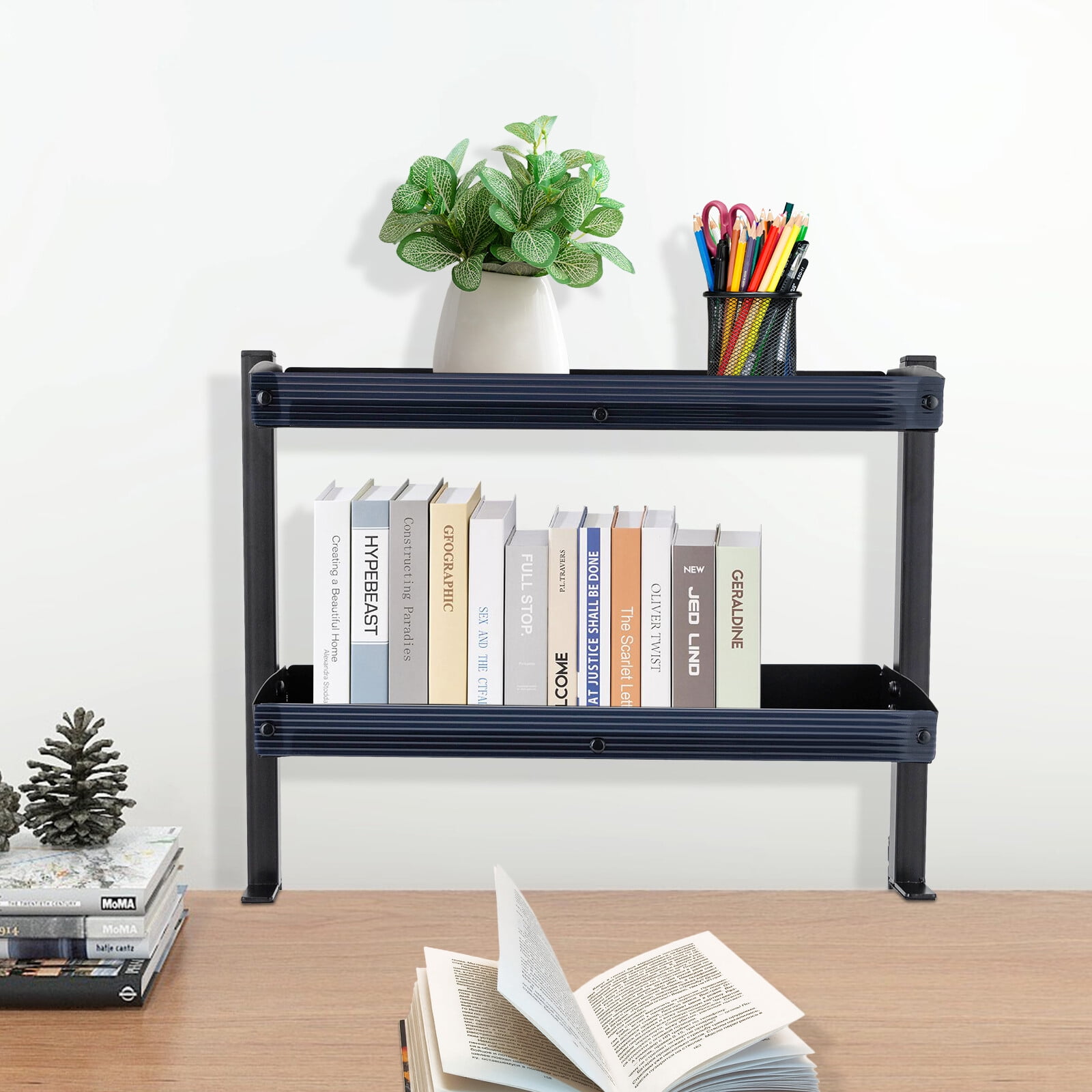 Desktop or Under-Desk Shelf Clamp-on 2-Tier Shelving W/ Adjustable Storage Tray