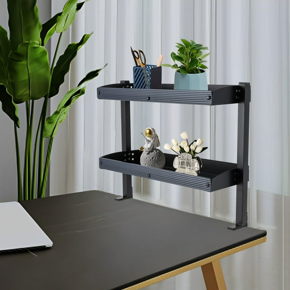 Desktop or Under-Desk Shelf Clamp-on 2-Tier Shelving with Adjustable Storage Tray