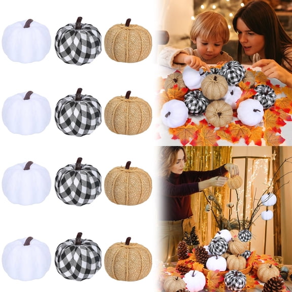Desktop ornament,12 PCS Mixed Artificial Pumpkins Paintable White And Fabric Burlap Pumpkins For Fall Thanksgiving Halloween And Decorations Perfect For Indoor And Outdoor Use