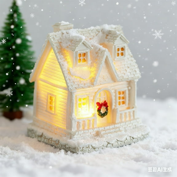 Desktop ornament,Christmas Houses Resin Ornaments Desktop Decoration Lighted Christmas Houses 2025 Cottage Town Tiny Figurine With LED Light Winter Village Ornament For Xmas Scene