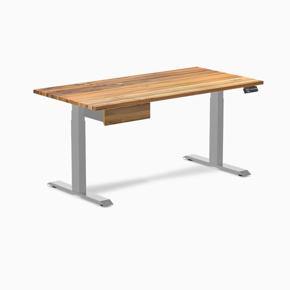 Desky Dual Hardwood Standing Desk With Drawer - Teak / 60 X 30 Inches / Gray