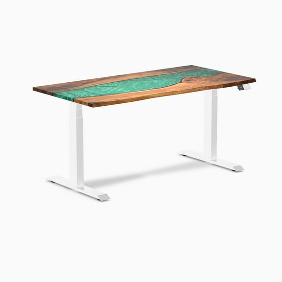 Desky Dual Resin Hardwood Sit Stand Desk - Walnut Emerald River / 60 X 30 Inches / White