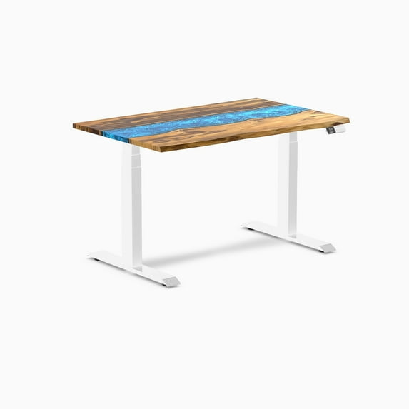 Desky Dual Resin Hardwood Sit Stand Desk - Teak Blue River / 48 X 30 Inches / White