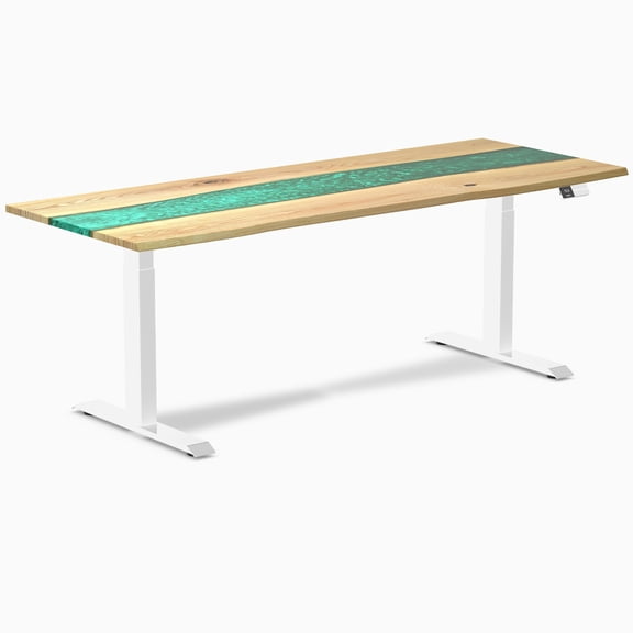 Desky Dual Resin Hardwood Sit Stand Desk - White Ash Emerald River / 80 X 30 Inches / White