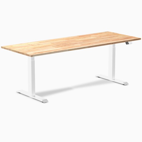 Desky Dual Rubberwood Sit Stand Desk - Natural Timber / 80 X 30 Inches / White