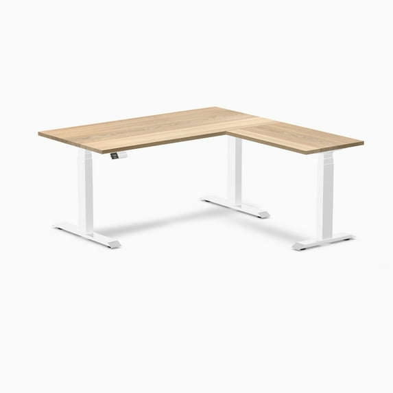 Desky Hardwood L-Shape Sit Stand Desk - White Ash / 60 X 30 X 62 X 20 Inches / White