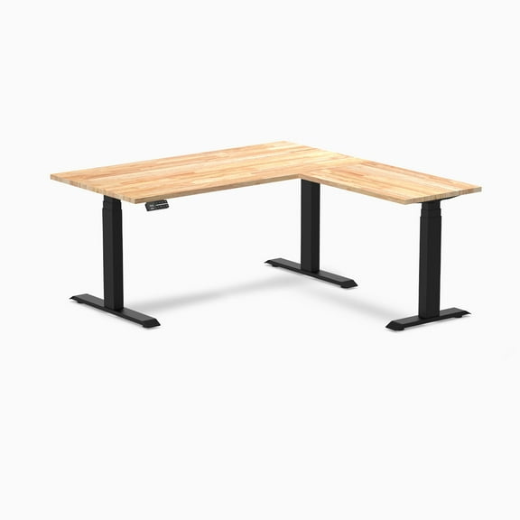 Desky Rubberwood L-Shape Sit Stand Desk - Natural Timber / 60 X 30 X 62 X 20 Inches / Matte Black