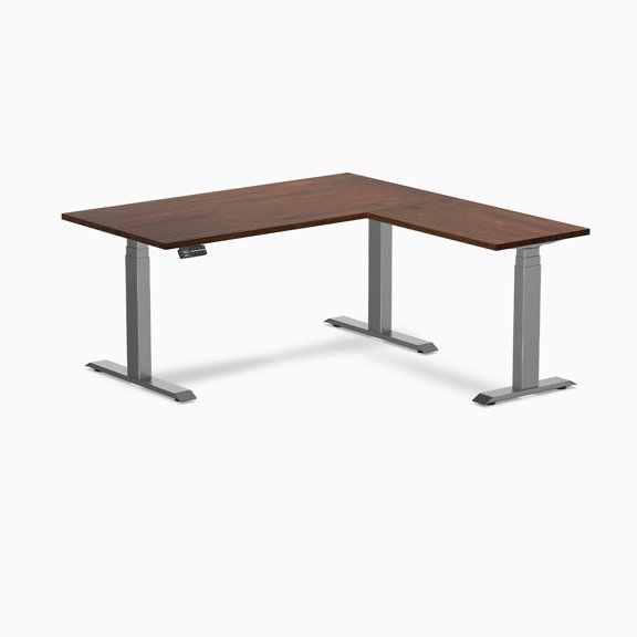 Desky Rubberwood L-Shape Sit Stand Desk - Red Walnut / 60 X 30 X 62 X 20 Inches / Space Gray
