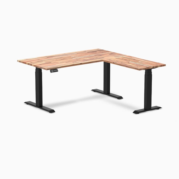 Desky Softwood L-Shape Sit Stand Desk - Acacia / 60 X 30 X 62 X 20 Inches / Matte Black