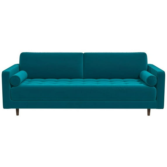 Desmond Mid Century Modern Tufted Cushion Back Turquoise Velvet Living Room Sofa