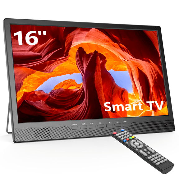 Desobry 16" Small Smart TV, LCD Small Kitchen TV with WiFi, Bulit-in 180Adjustable Stand/ATSC Tuner/HDMI/USB/AV for Camping, Bedroom, RV, Patio, Indoor & Outdoor Use