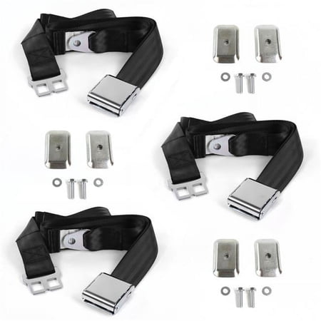 Desoto 1929-1945 Airplane 2 Point Black Lap Bench Seat Belt Kit with Bracketry - 3 Belts