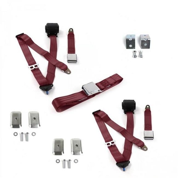 Desoto 1946-1961 Airplane 3 Point Burgandy Retractable Bench Seat Belt Kit with Bracketry - 3 Belts