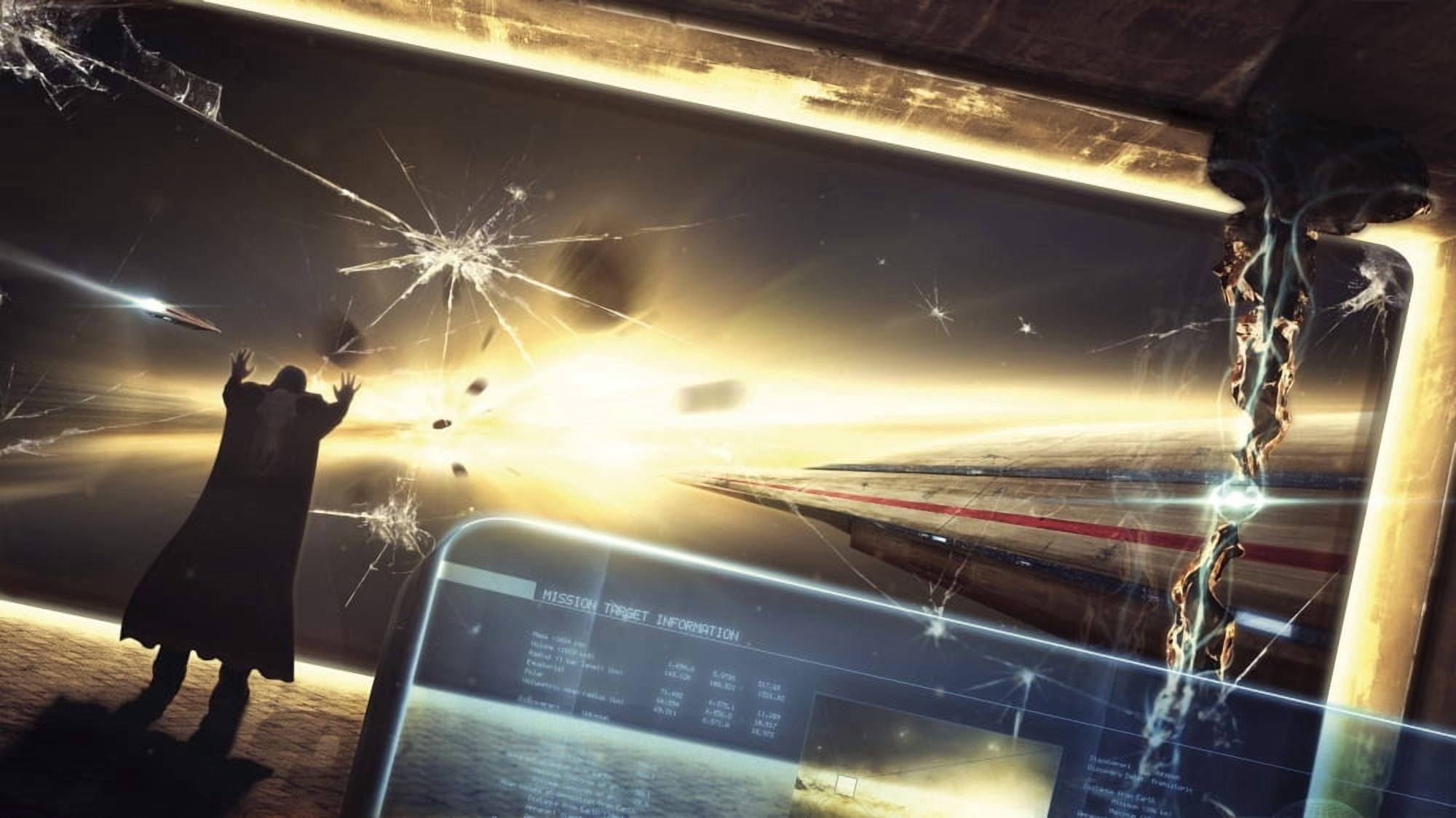 Desperate captain escapes from a lost battle in space Canvas Art - Tobias RoetschStocktrek Images (19 x 11)