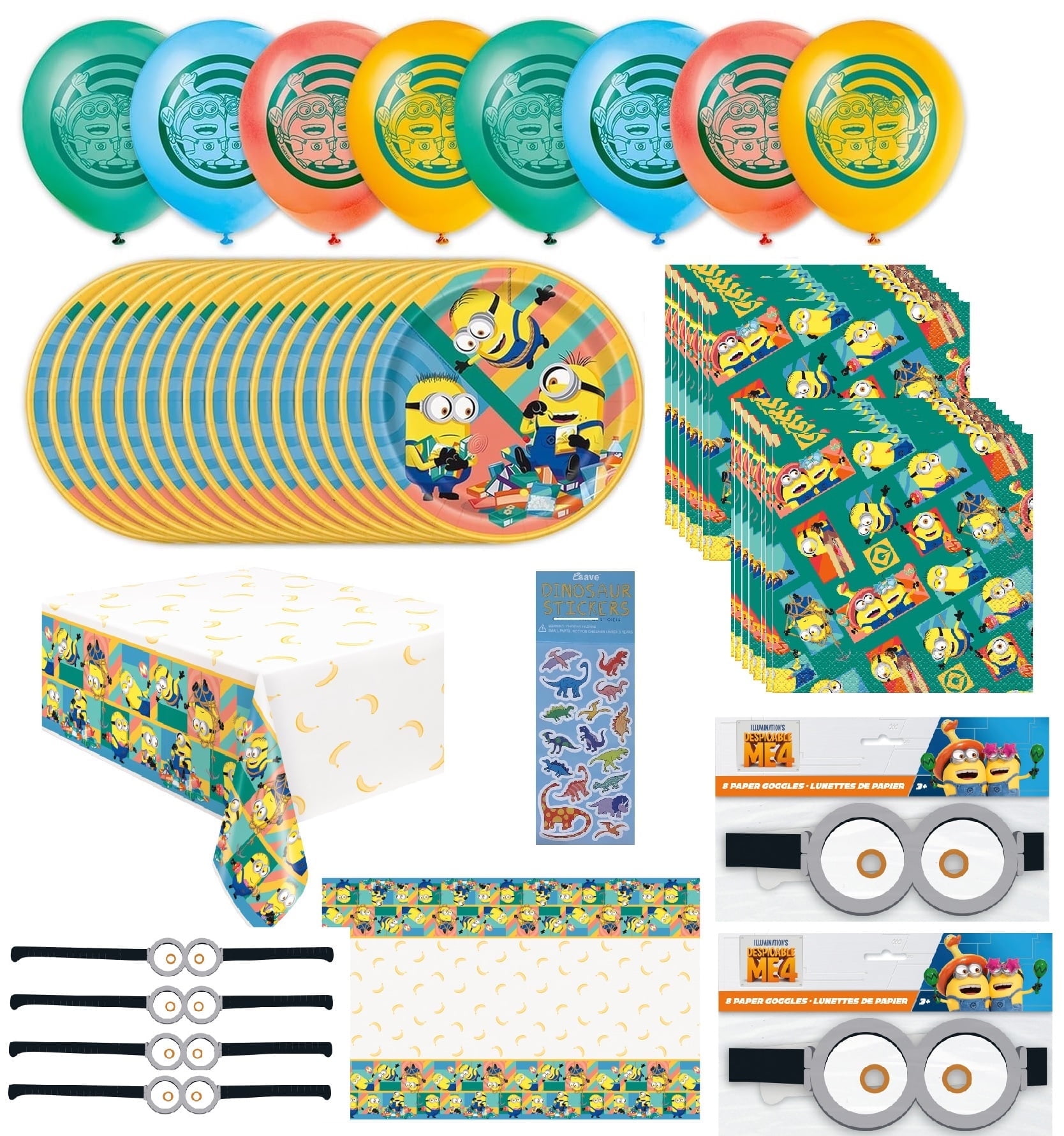 Despicable Me Birthday Party Supplies Bundle includes 16 Plates 9", 16 Napkins, 1 Table Cover 54" x 84", 8 Latex Balloons, 16 Paper Goggles, 1 Dinosaur Sticker Sheet