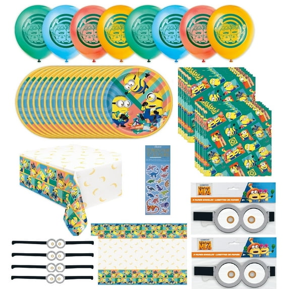 Despicable Me Birthday Party Supplies Bundle includes 16 Plates 9", 16 Napkins, 1 Table Cover 54" x 84", 8 Latex Balloons, 16 Paper Goggles, 1 Dinosaur Sticker Sheet