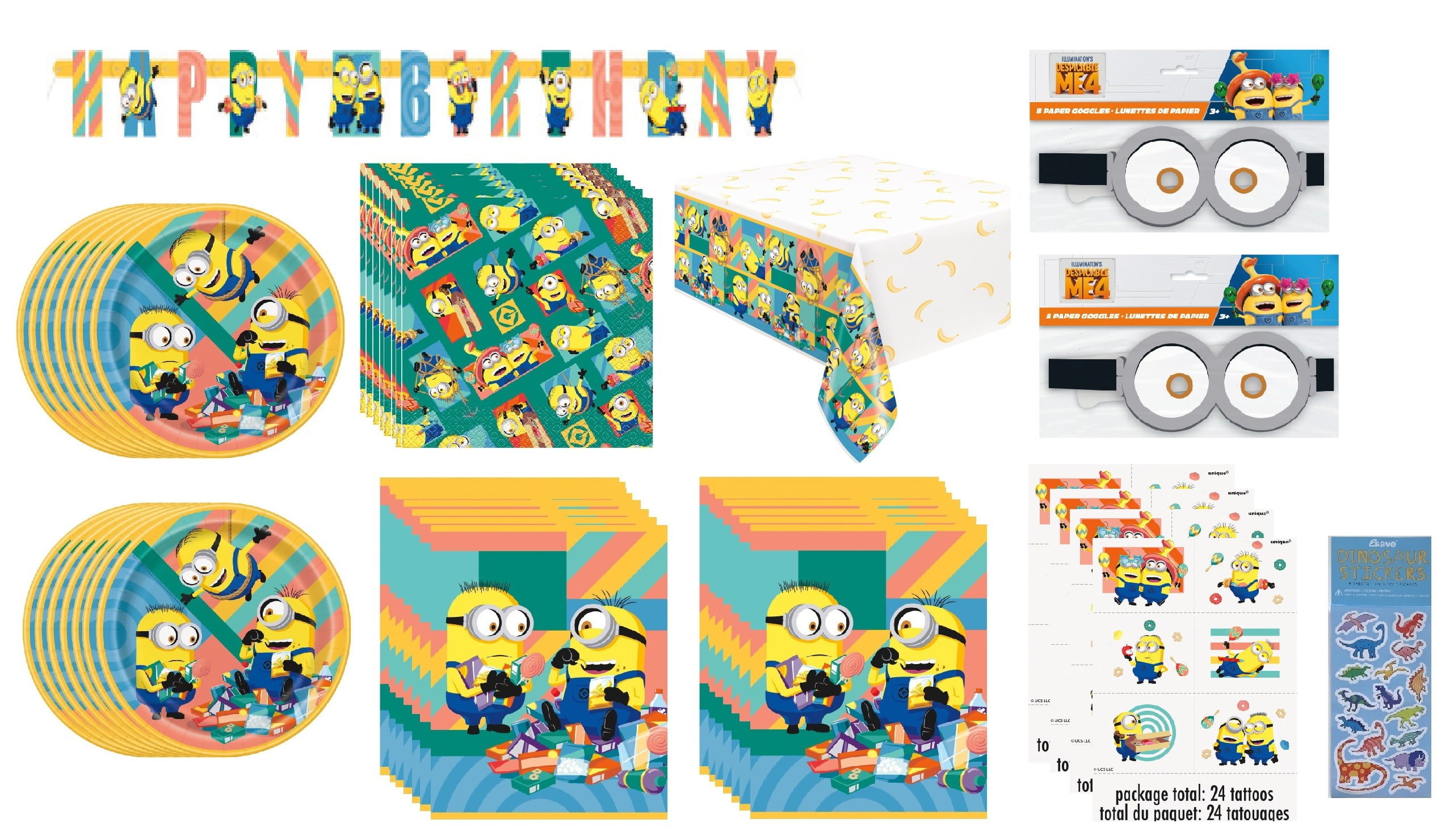 Despicable Me Birthday Party Supplies Decoration Favor Bundle for 16 includes 16 Lunch Plates, 16 Lunch Napkins, 1 Table Cover, 1 Birthday Banner, 16 Loot Bags, 16 Paper Goggles, 24 Tattoos