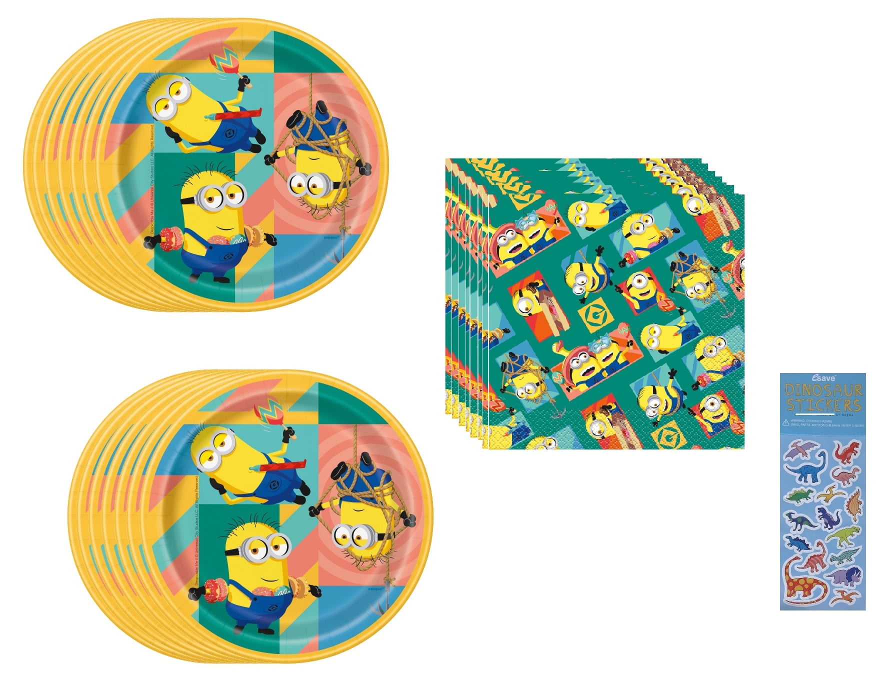 Despicable Me Birthday Party Supplies Bundle Pack includes 16 Dessert Cake Paper Plates 7", 16 Paper Napkins 2-Ply 6.5", 1 Dinosaur Sticker Sheet
