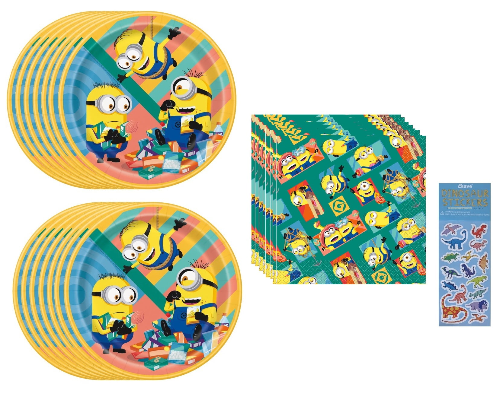 Despicable Me Birthday Party Supplies Bundle Pack includes 16 Lunch Paper Plates 9", 16 Lunch Paper Napkins 2-Ply 6.5", 1 Dinosaur Sticker Sheet