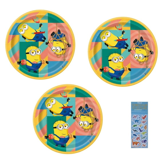 Despicable Me Birthday Party Supplies Bundle Pack includes 24 Desser Cake Paper Plates 7" and 1 Dinosaur Sticker Sheet