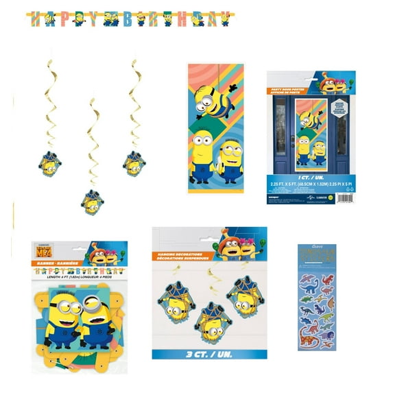 Despicable Me Birthday Party Supplies Bundle includes 1 Happy Birthday Banner, 1 Plastic Door Poster, 3 Hanging Decorations, 1 Dinosaur Sticker Sheet