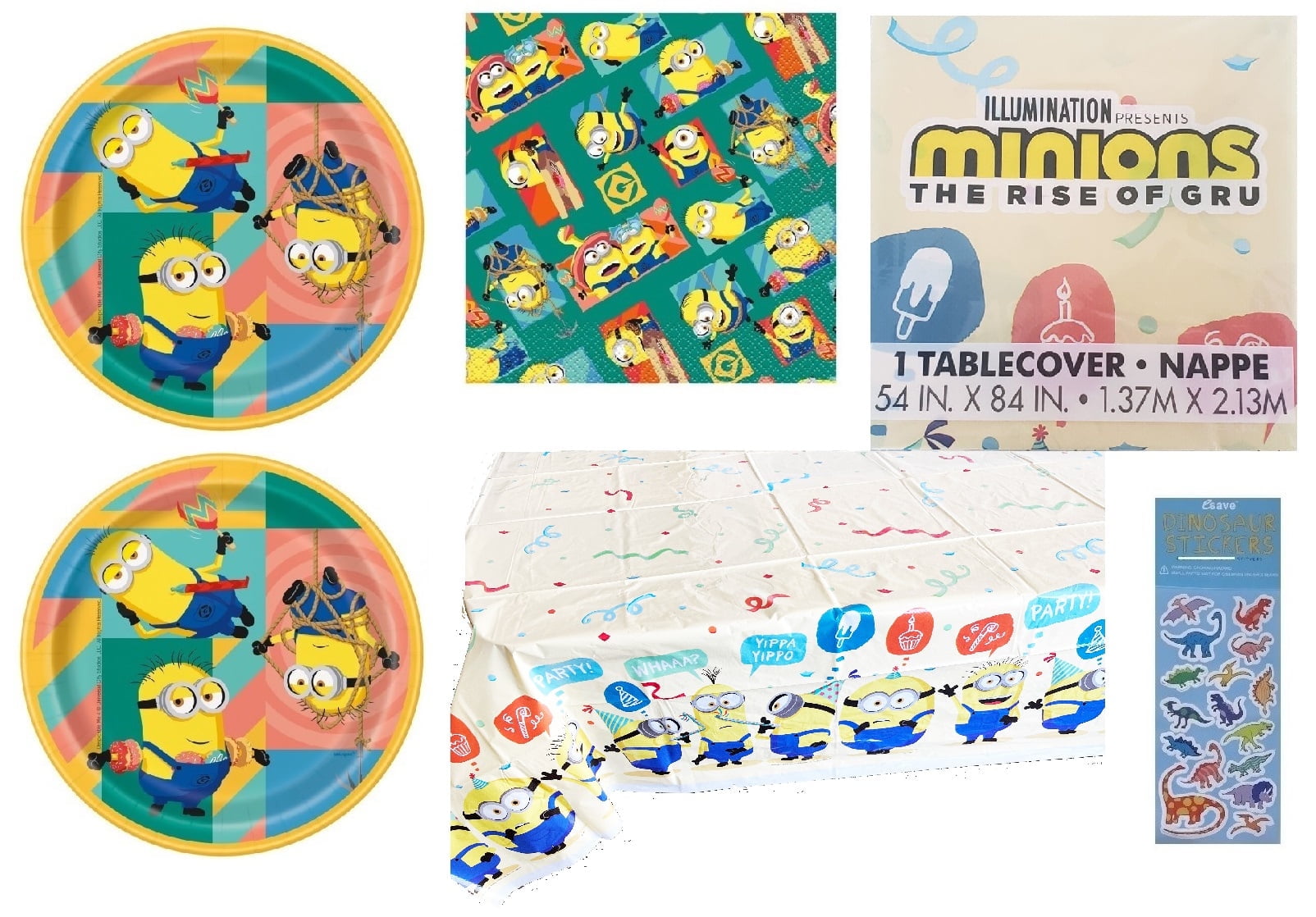 Despicable Me Birthday Party Supplies Bundle includes 16 Paper Plates 7", 16 Paper Napkins, 1 Plastic Table Cover 54" x 84", 1 Dinosaur Sticker Sheet